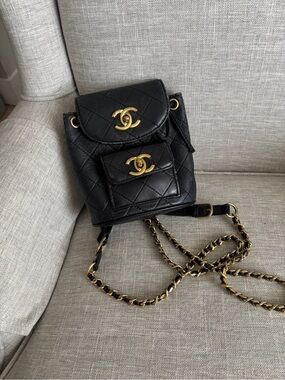 Black Quilted Caviar Leather Mini Backpack with Gold Hardware